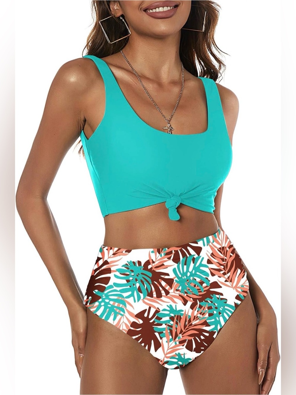 ZAFUL High Waisted Swimsuit Scoop Neck Tropical Palm Banana Leaf Floral Bikini